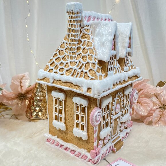CUPCAKES & CASHMERE Christmas Pink Peppermint Bow Gingerbread House Led Light Up - Picture 7 of 10